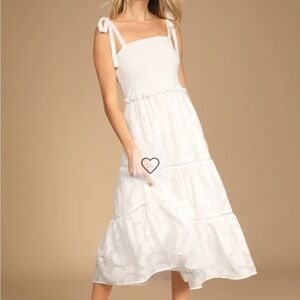 Lulu’s Float to Love White Jacquard Smocked Tie-Strap Midi Dress
